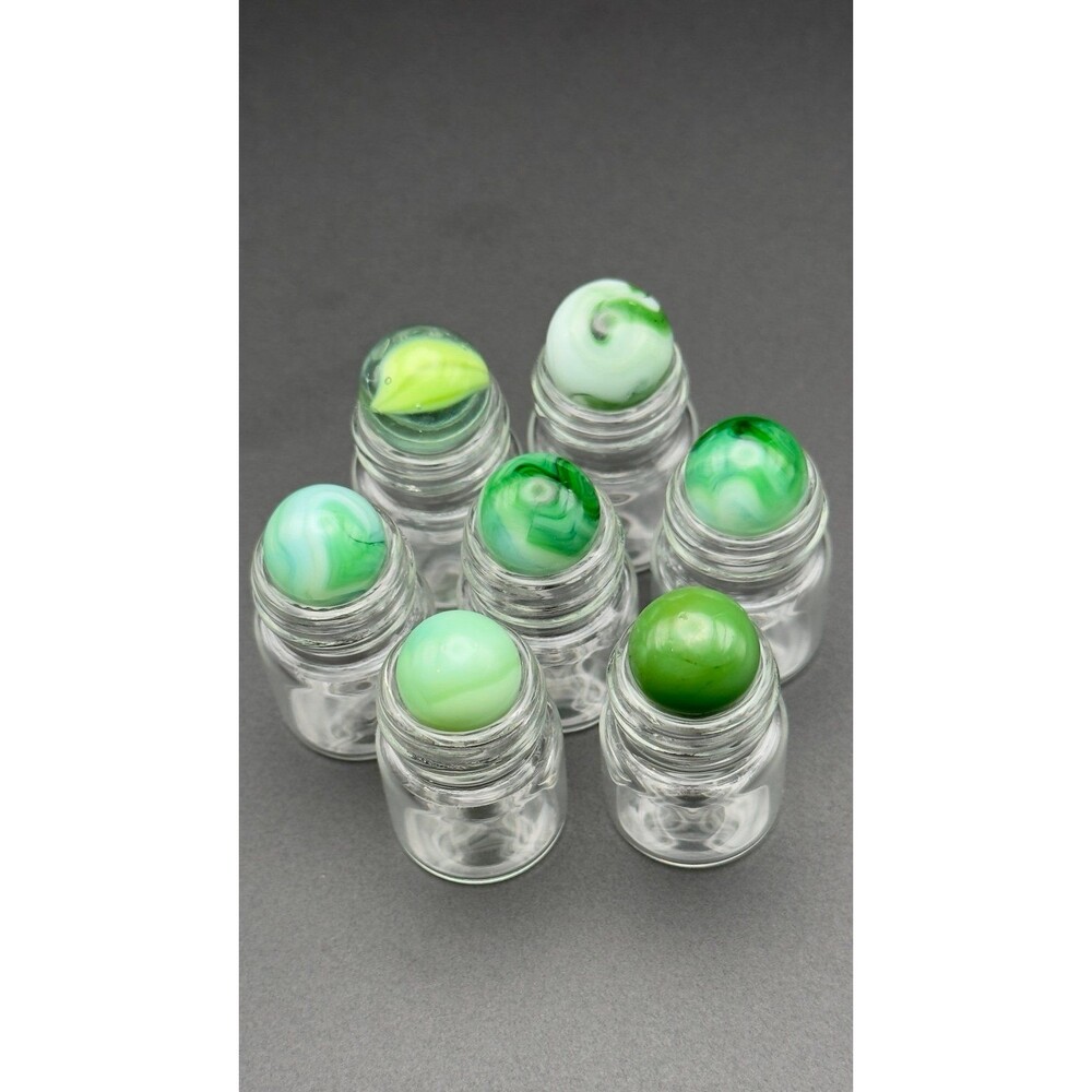 Lot of 7 UV Reactive Green Glass Marbles - Uranium Glass Swirls & Vials